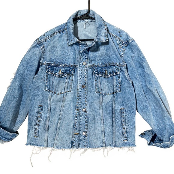 Free People Blue Studded Denim Jacket - Picture 2 of 13
